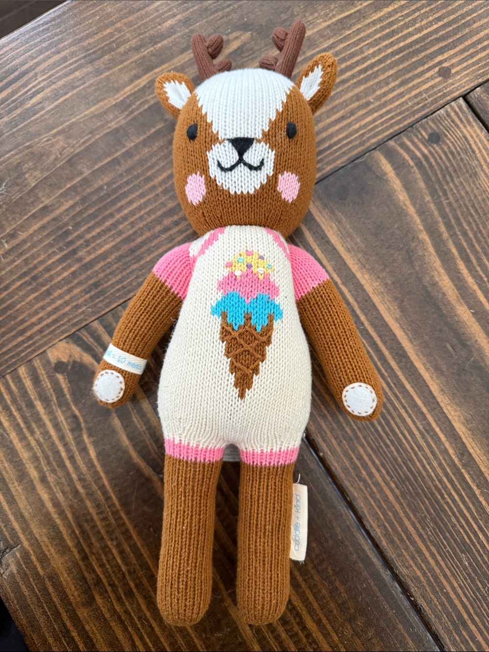 Plush Knit Deer Toy in Brown, Cream & Pink with Ice Cream Motif